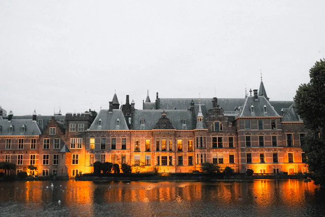 The Binnenhof, seat of the Dutch government in The Hague, at dusk